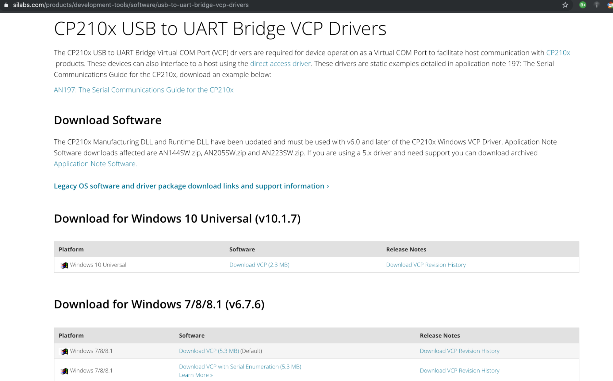 a screenshot of the USB to UART driver page